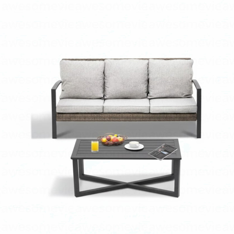 Ensemble de conversation de patio en osier 2 pièces avec coussins gris et table basse, Coussin gris / cadre noir