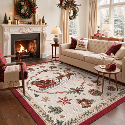 Tapis de salle à manger lavable à poils courts, motif animaux de Noël avec clochettes et rennes, ivoire et rouge