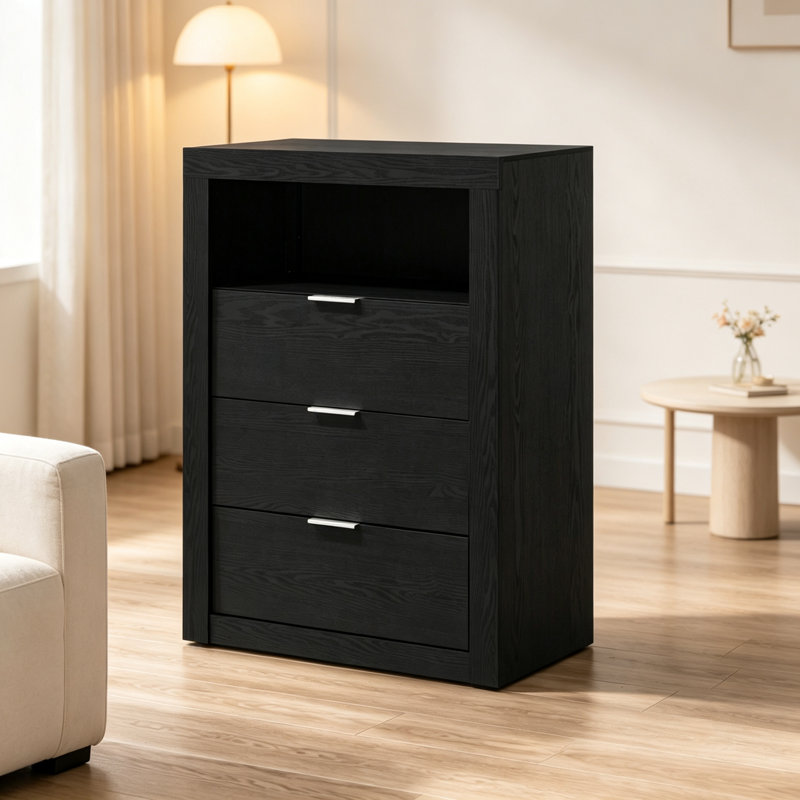 Commode 1 pièce de style contemporain avec tablette ouverte, joints à queue d'aronde anglaise et poignées à doigts, parfaite pour les chambres à coucher modernes