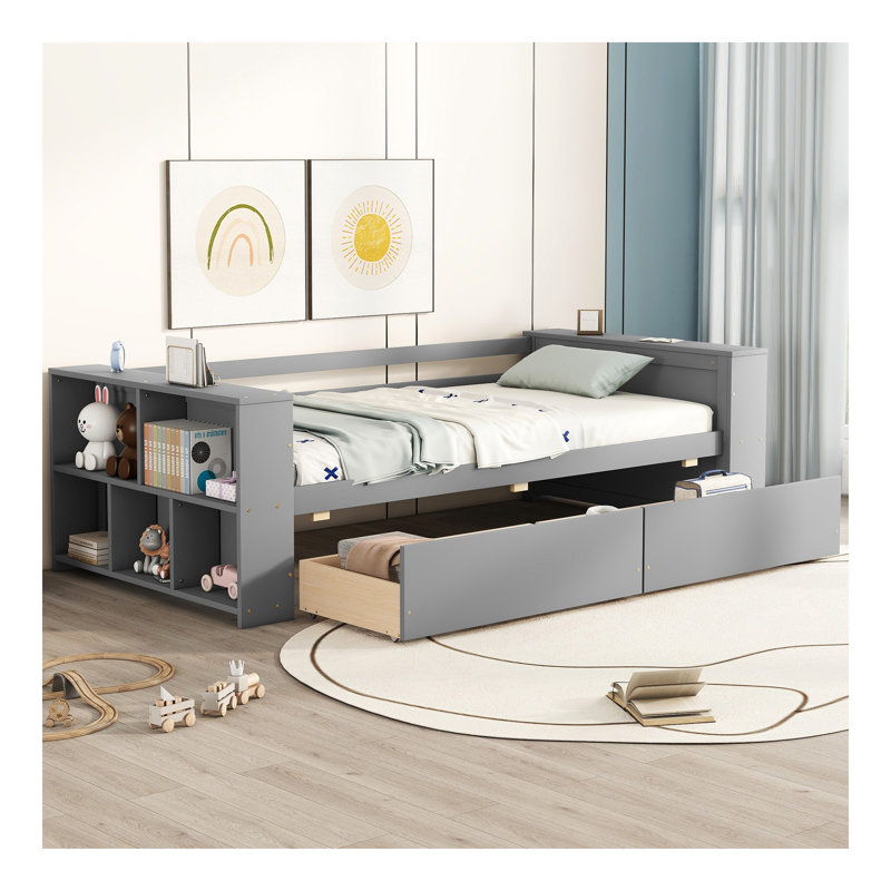 Lit de jour simple avec tablettes et tiroirs, gris