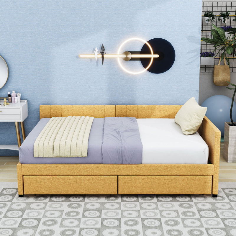 2 Drawers Full Upholstered Daybed, Semi-Closed Design, Yellow