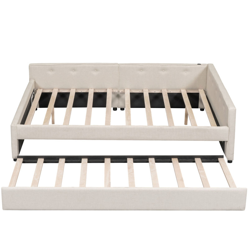 Lit plateforme tapissier avec port USB et lit gigogne simple, beige, Grand lit