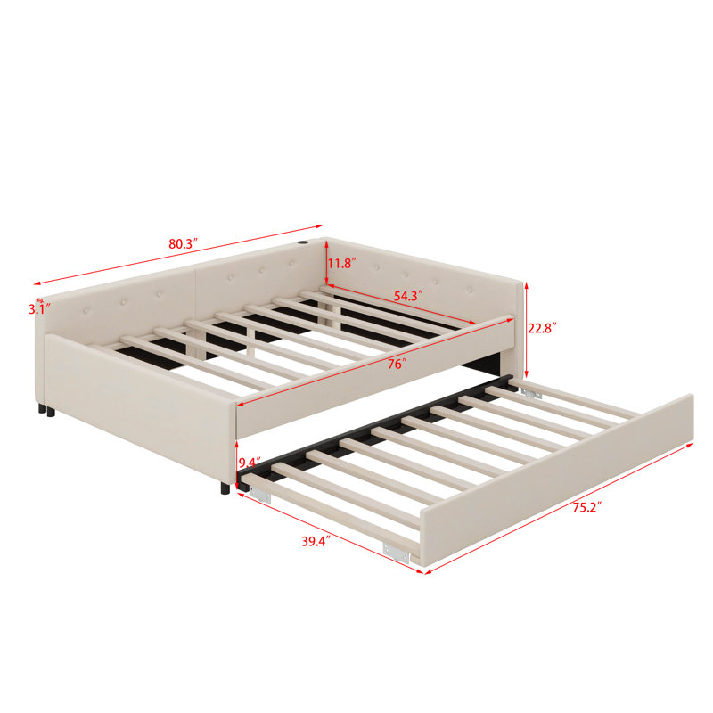 Lit plateforme tapissier Amandra avec port USB et lit gigogne simple, Double