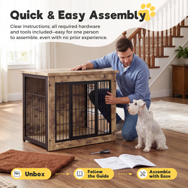 Table de bout avec cage amovible pour chien Gunji Furniture, S (27.3"L x 20.1"W x 23.7"H), Ton de bois beige clair