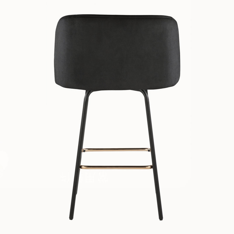 Ensemble de 2 tabourets de comptoir pivotants à hauteur fixe, structure en métal noir avec velours noir et repose-pieds en métal doré