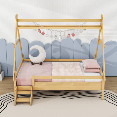 Wooden House Platform Bed With Stairs, Guardrails And Sturdy Slats