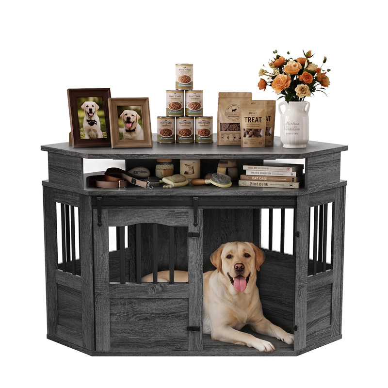 Meuble de coin pour cage de chien de 132 cm avec rangement, Gris