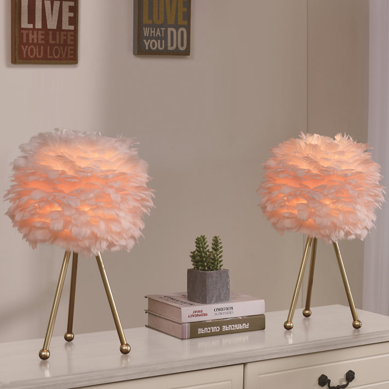 Marjorie 19" Modern Glam Feather Gold Tripod Table Lamp with Soft Lighting, Pink Feather