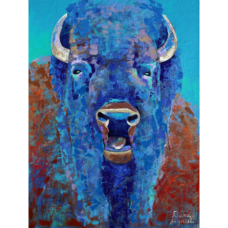 «Bellowing Bison» par Dara Daniel - Peinture, H 21,25 po x l 17,25 po x P 0,88 po, Papier avec cadre noir, Blanc