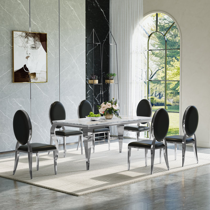 Ensemble de salle à manger 7 pièces moderne avec plateau en faux marbre et chaises rembourrées - pieds et sièges en acier inoxydable 6