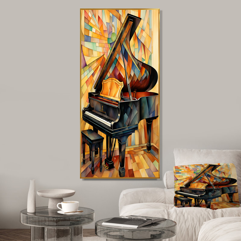 Cubique noir et jaune piano élégance - Piano, art mural, Cadre flottant doré, H 60 po x l 28 po x P 1,5 po