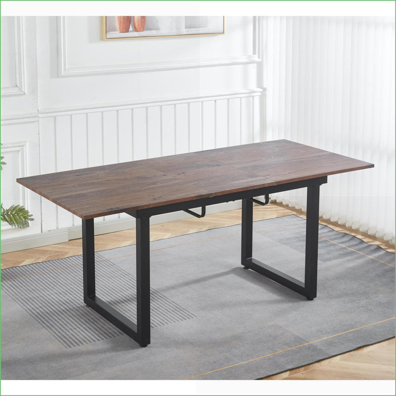 Table basse moderne aux tons de noyer avec pieds en métal, longueur réglable, peu encombrante pour le salon, facile à nettoyer