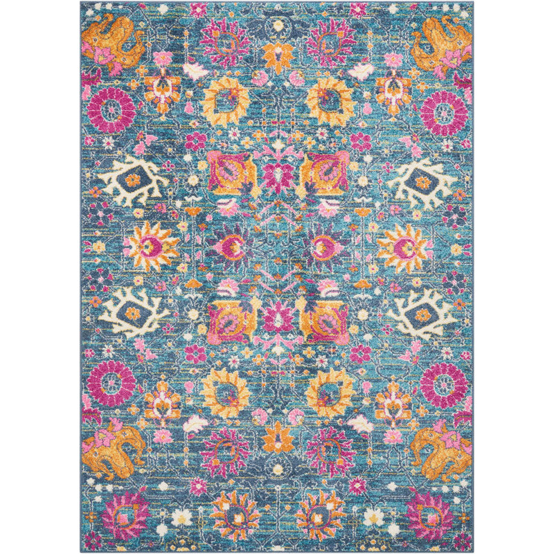 Tapis floral bleu / rose en polypropylène tissé à la machine, Rectangle 6 pi 7 po x 9 pi 6 po