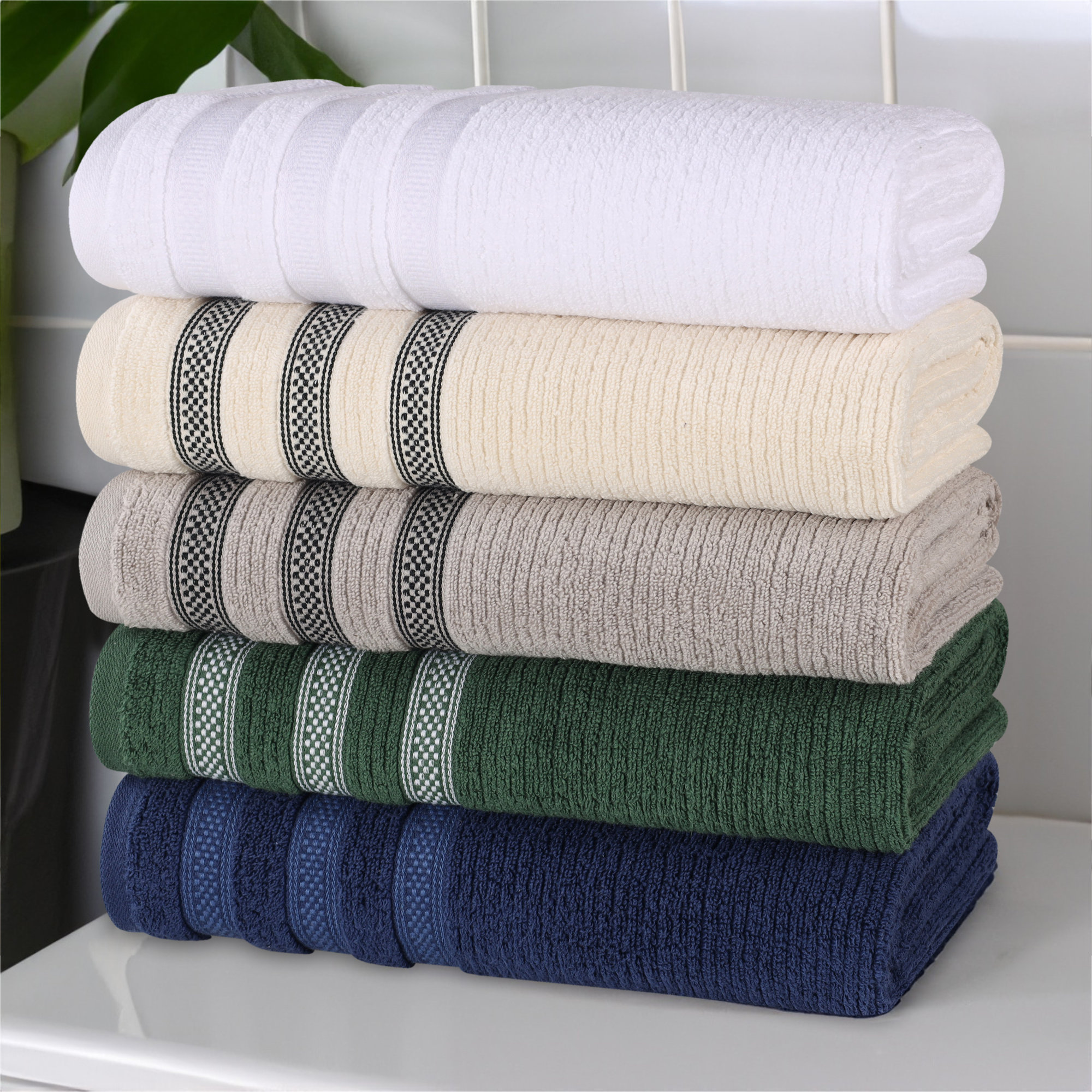 Orley Zero Twist Cotton Ribbed Modern Geometric Border Soft Highly-Absorbent Assorted Bathroom Towel Set, Gold