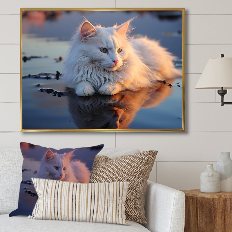 Chat tranquillité sur la plage - décoration murale chat, H 30 po x l 40 po x P 1,5 po, Cadre flottant doré