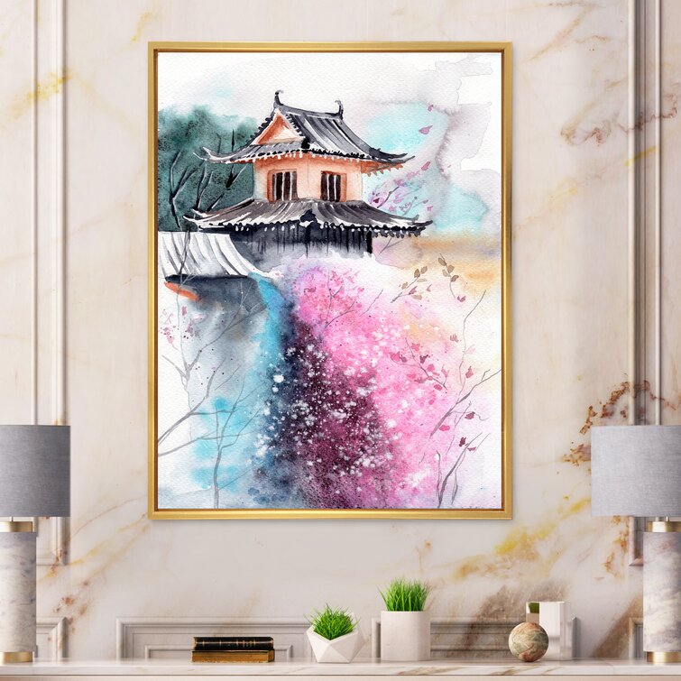 Bless international Cherry Blossoms With Japanese Temple Framed On Canvas  Painting Wayfair