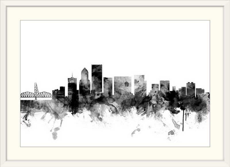 «Francy Portland Oregon Skyline» par Michael Tompsett - impression, Cadre blanc, H 20 po x l 26 po x P 1 po