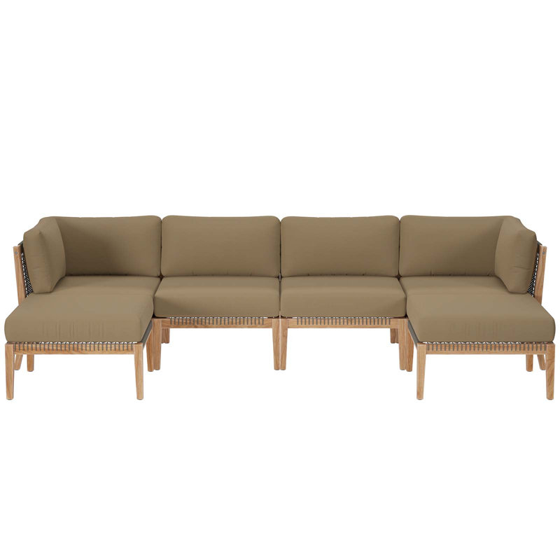 Modway Clearwater Outdoor Patio Teak Wood 6-Piece Sectional Sofa, Light Brown