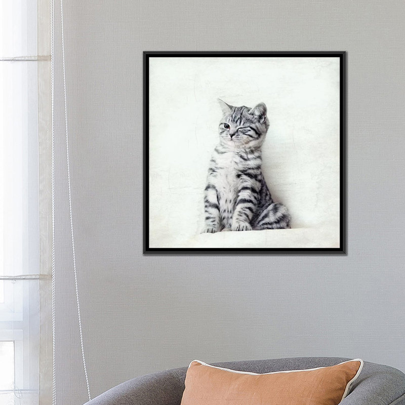 Art sur toile clin d’œil chat, H 18 po x l 18 po x P 1,5 po, Toile avec cadre noir, Non mat