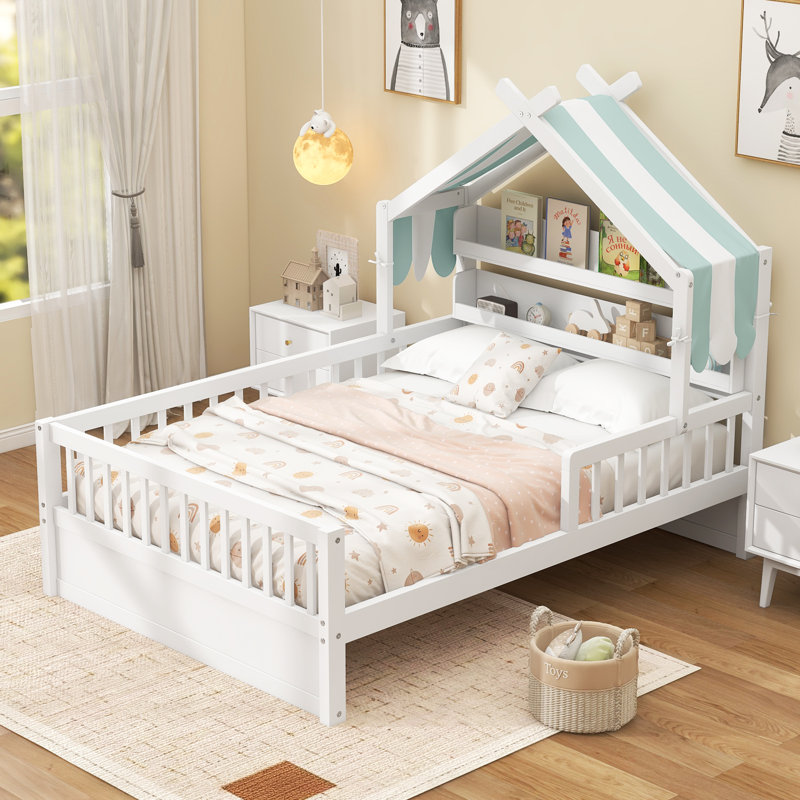 Twin Size Wooden House Bed with Storage Headboard Shelf, White, Twin, White