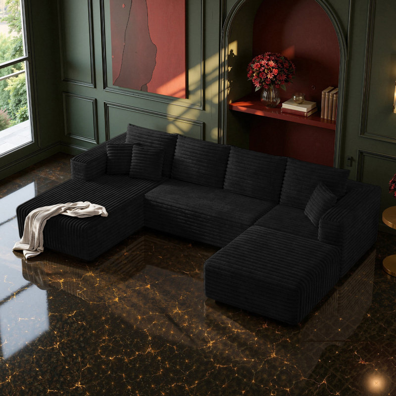 133" Sectional Boneless Couch for Living Room,Modern Modular Cloud Couch with Deep Seat,Upholstered Sleeper Sofa with 1 Ottoman,Convertible Folding Couches,No Assembly (Black)