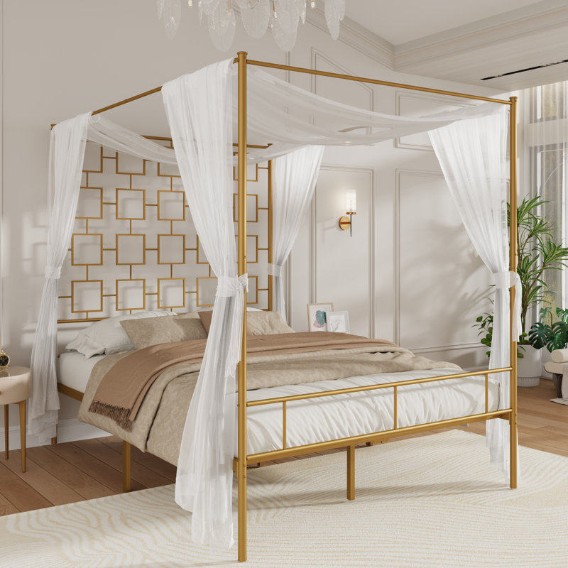 Queen Size Metal Canopy Bed Frame with Headboard and Footboard, Queen