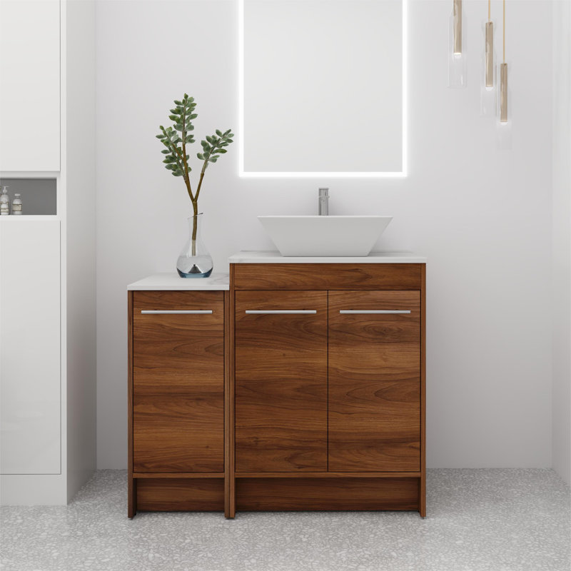 Ensemble de meuble-lavabo simple 36 po Abigial, meuble-lavabo autoportant avec plateau en céramique, 3 portes, 2 tablettes