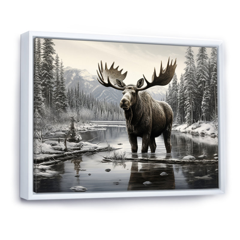 Orignal brun et blanc Winter Majesty - art mural orignal pour le salon, H 16 po x l 32 po, Reproduction avec cadre flottant