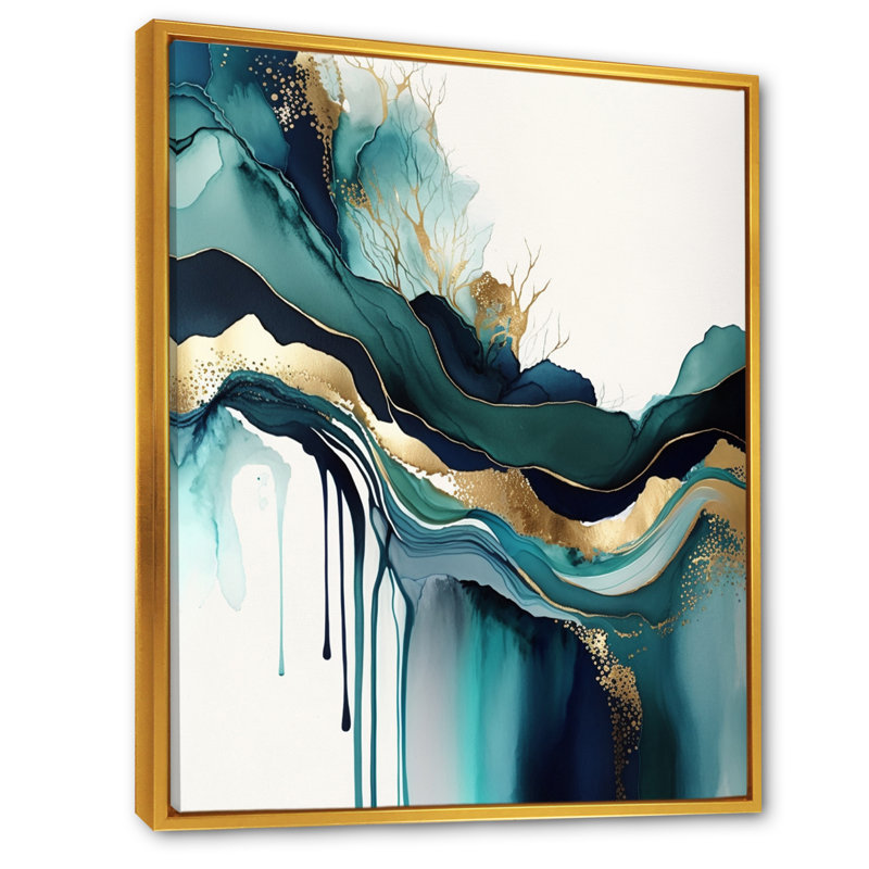 Décoration murale sarcelle et or abstrait Expression IV - Encre liquide abstraite, H 40 po x l 30 po, Cadre flottant, Doré