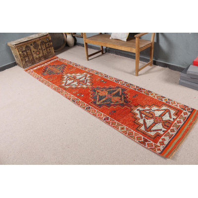 Handmade Turkish Runner Rug in Vibrant Orange Perfect for Adorning Your Hallway