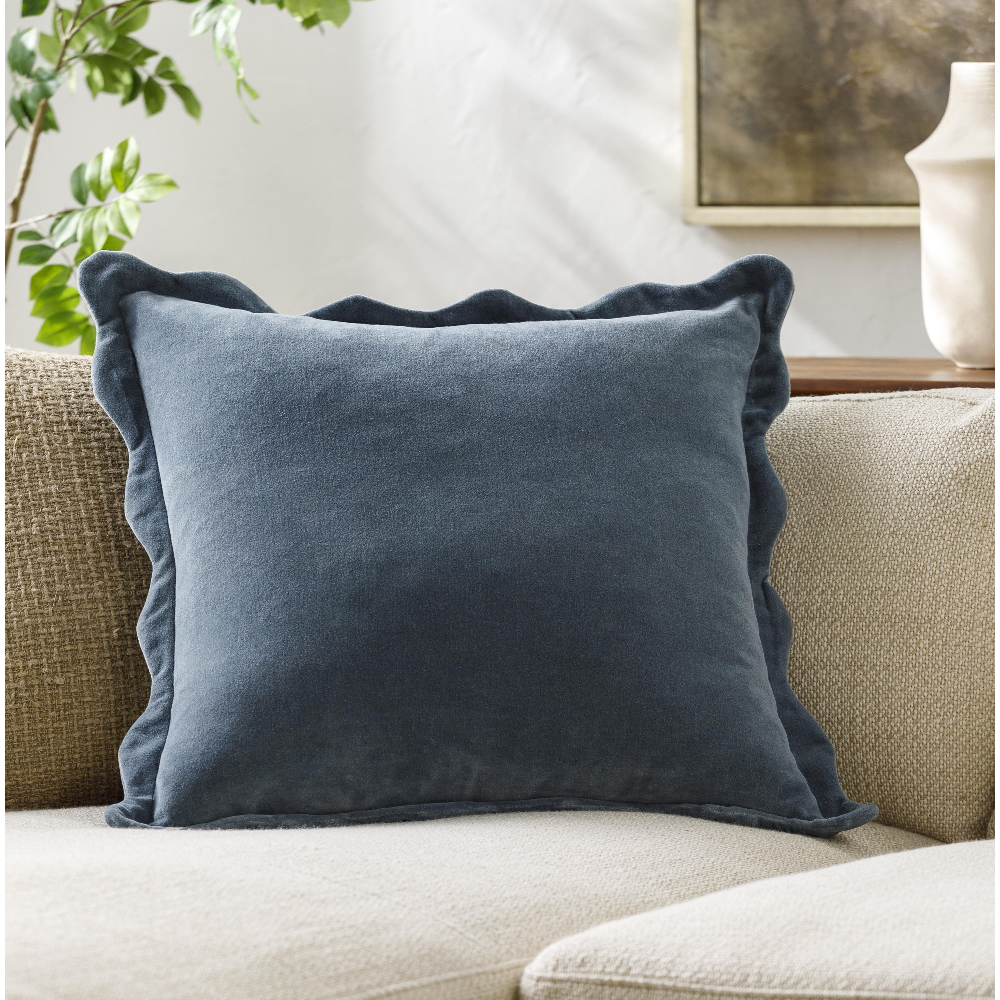 Collier Scalloped Edges Cotton Throw Pillow, 20"H x 20"W, Slate, Polyester