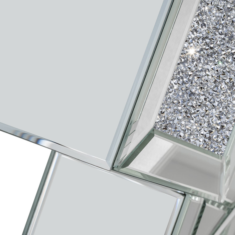 Ensemble 2 pièces de tables en miroir: console avec plateau en verre et table de bout à piédestal haut avec incrustation de cristal