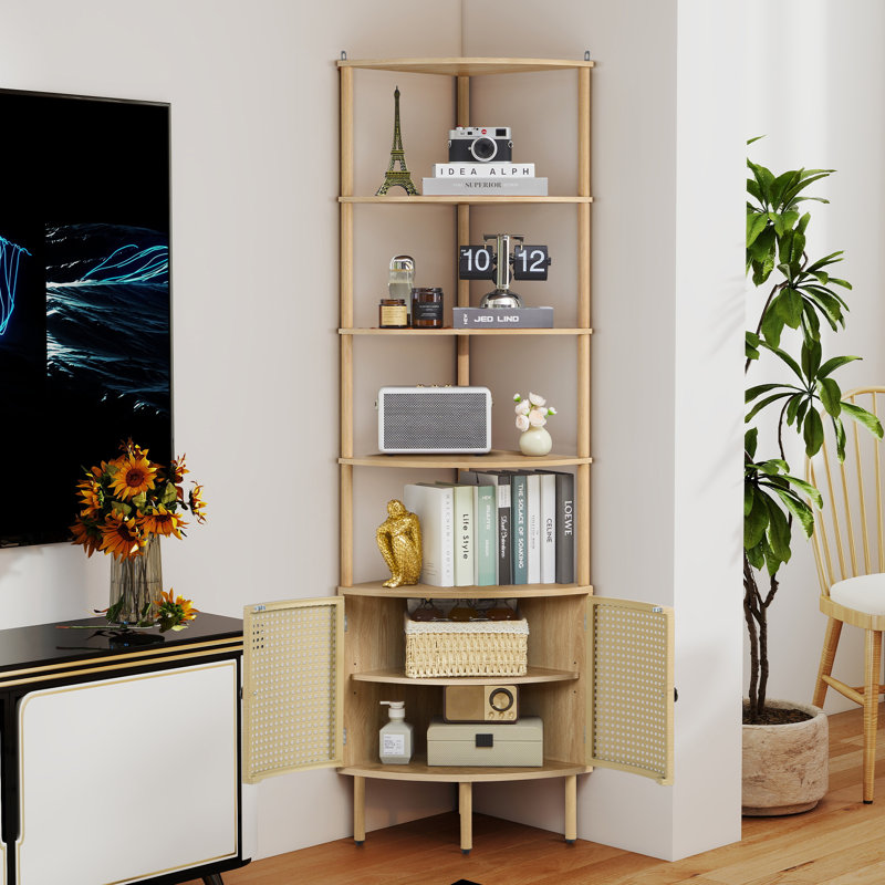 Bibliothèque d'angle, étagère de rangement à 5 niveaux avec armoire, Naturel