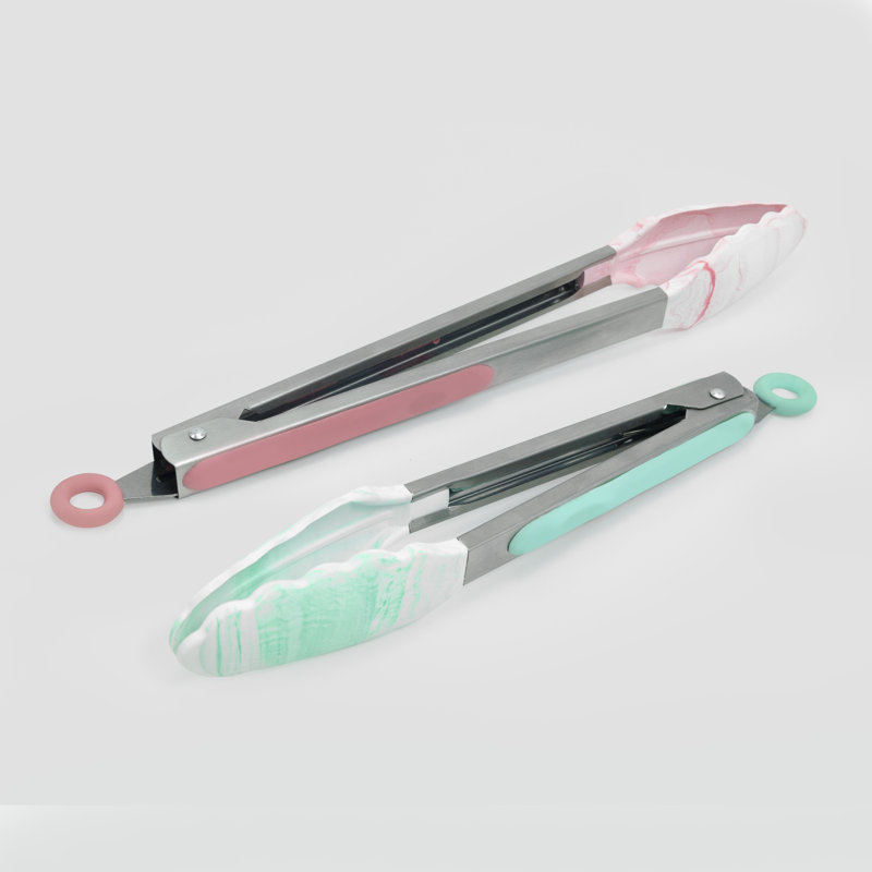ExcelSteel 9/12 Inch Stainless Steel Pink/Teal Silicone Tongs