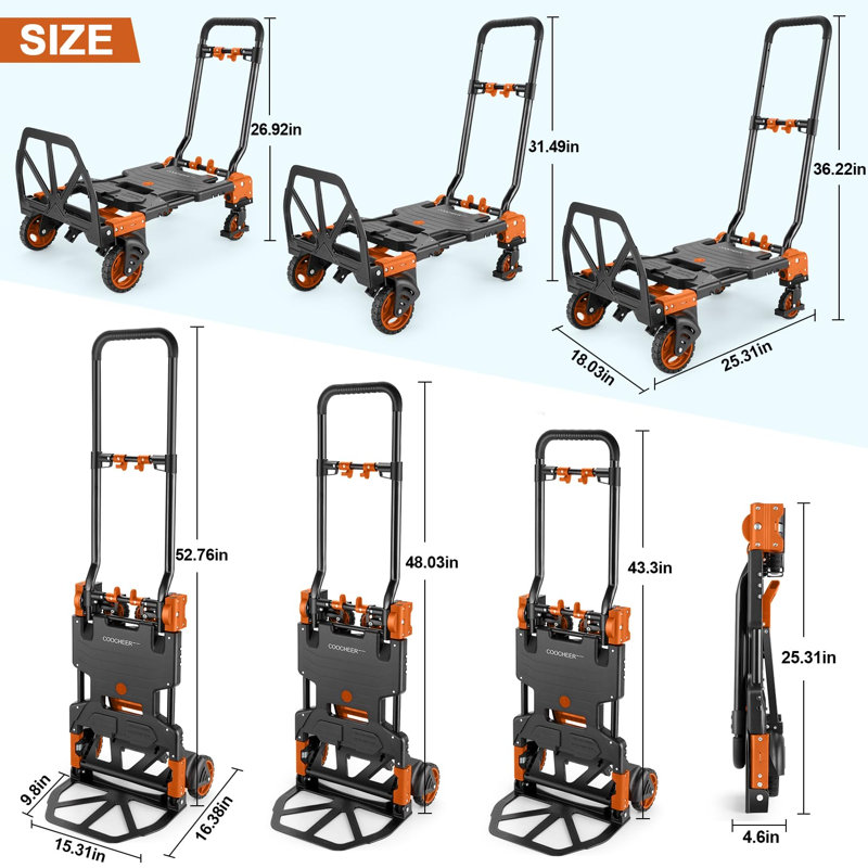 Chariot pliant robuste 300 lb, chariot pliable 2 en 1 Alu, Orange