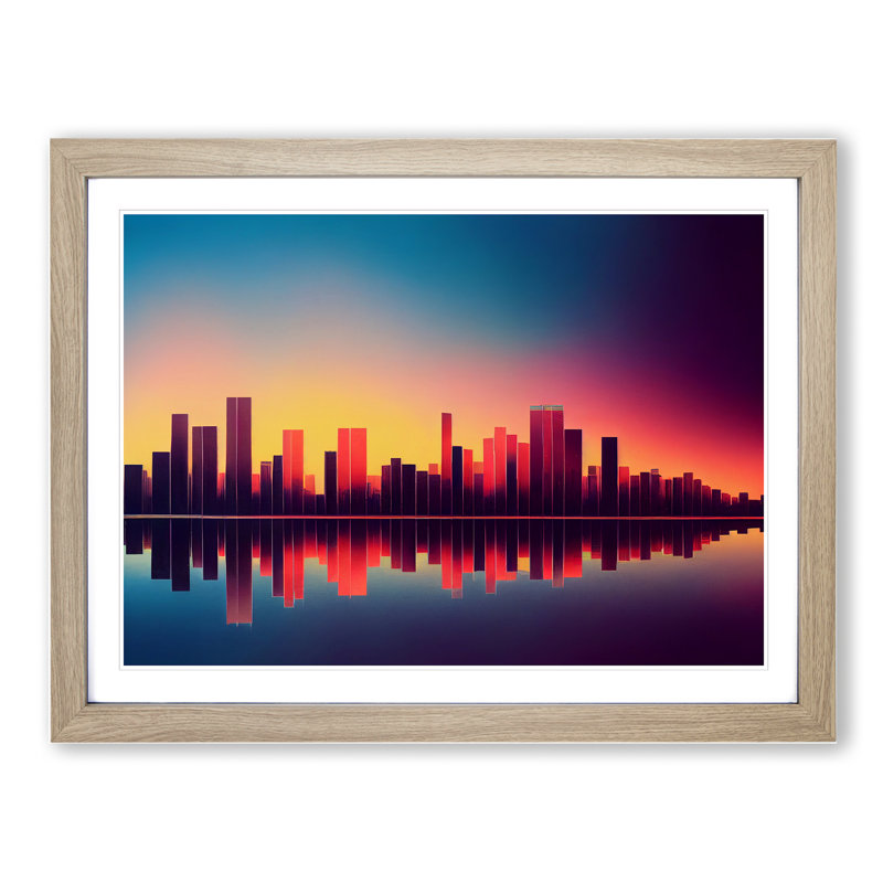 Vibrant Skyscraper Skyline - Framed Print, 34cm H x 46cm W x 2cm D, Oak
