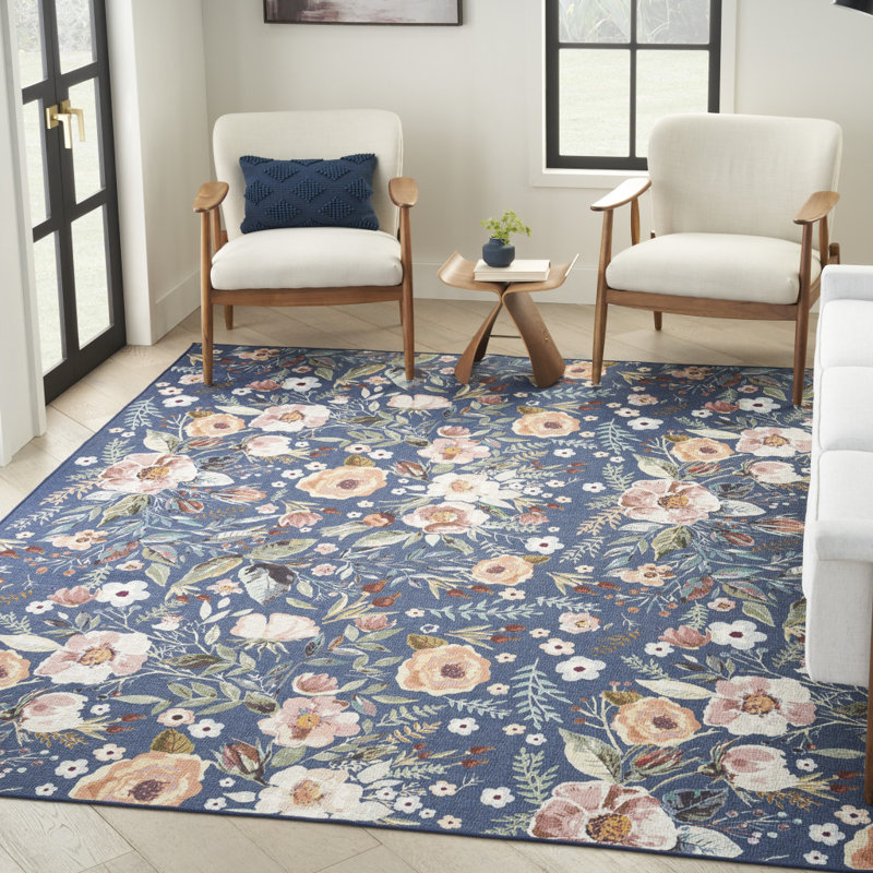 Tapis floral bleu et vert lavable à la machine 5 pi x 7 pi
