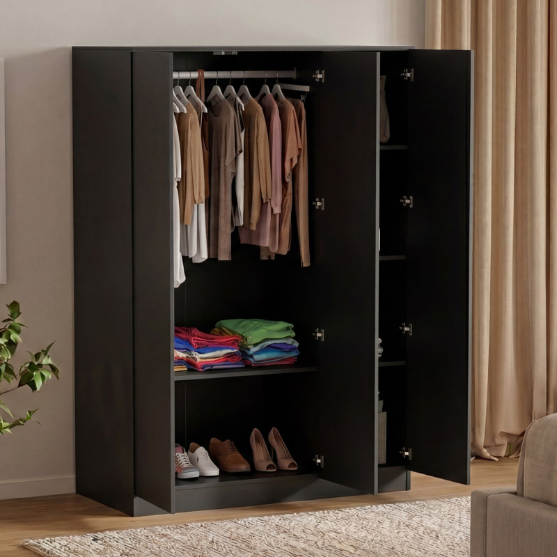 Modern 3 Door Mirrored Wardrobe with Hanging Rail for Bedroom Storage & Organisation, Black