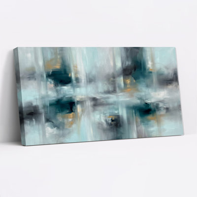 Tableau abstrait à rayures verticales turquoise et or sur toile