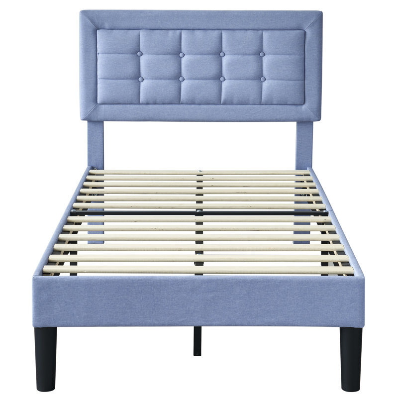 Structure de lit simple Kempst, cadre de lit plateforme simple rembourré avec tête de lit capitonnée réglable en hauteur, sommier robuste avec lattes en bois, aucun sommier requis, rangement sous le lit
