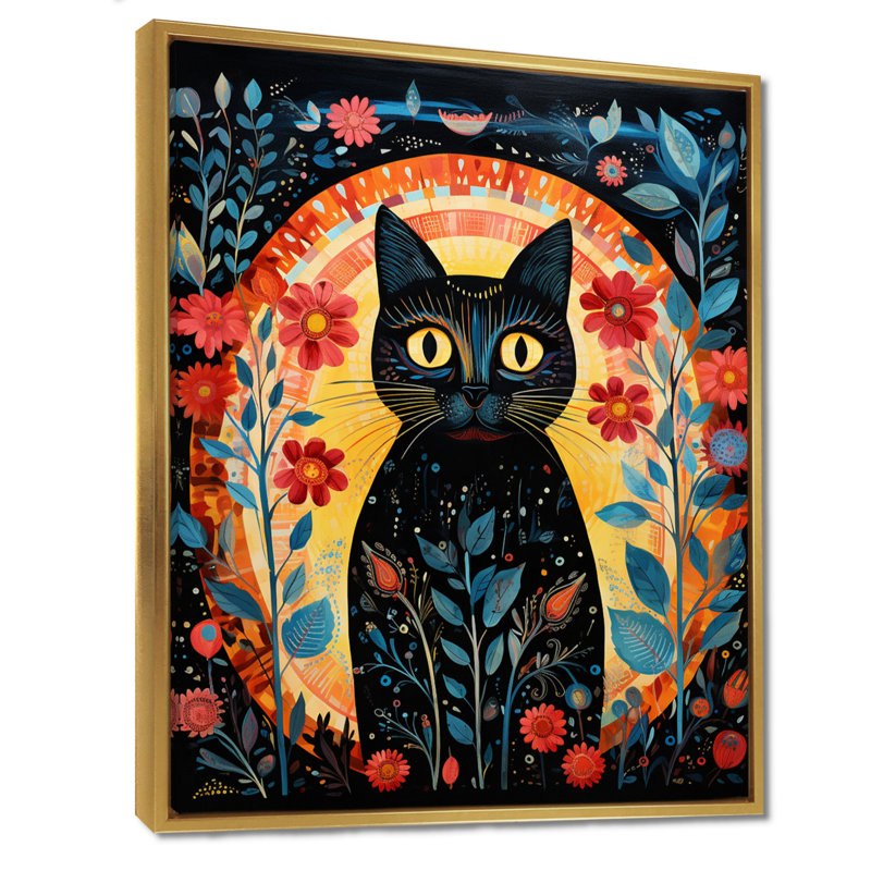 «Black Boho Flower Cat - Cat», reproduction d'art murale, Toile avec cadre doré, H 44 po x l 34 po x P 1,5 po