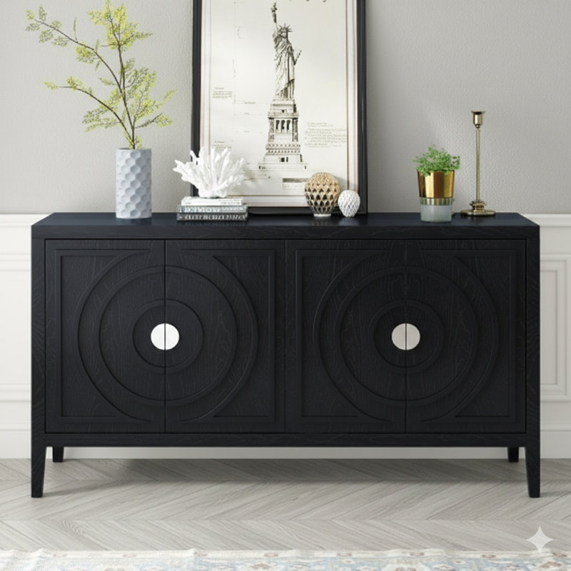 Porte de buffet d'inspiration rétro rehaussée de détails circulaires en forme de canal et d'une poignée en métal circulaire, idéale pour les entrées, les salles à manger et les salons (finition noire)