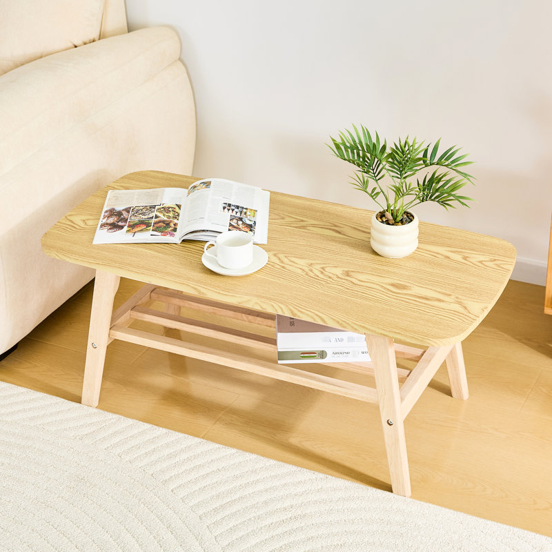 Table basse en bois massif - Table basse centrale en bois à 2 niveaux avec tablette de rangement pour salon, appartement et bureau