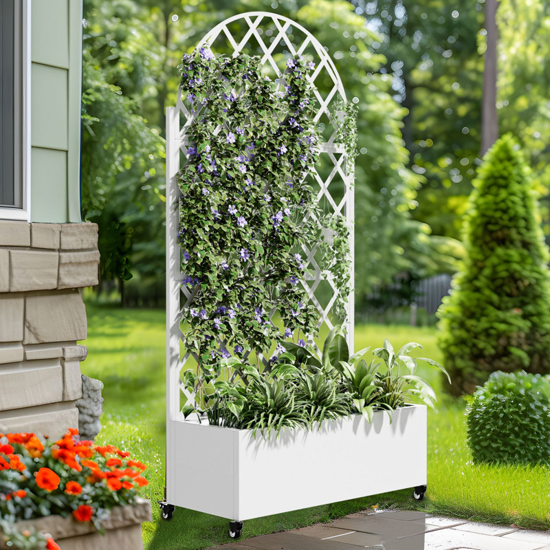 Jadine 35" W Metal Planter Box with Arched Trellis and Wheels, White, 2