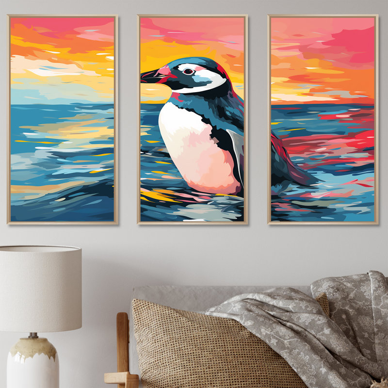 Pop Art Penguin Parade Charm II - art mural pingouin, Cadre flottant brun, H 40 po x l 61 po