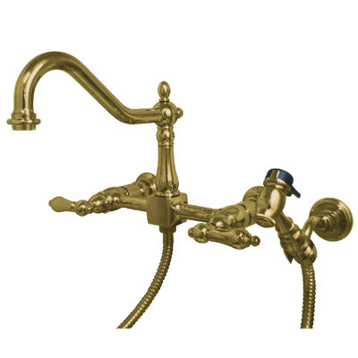 Kingston Brass Heritage Double-Handle 3-Hole Wall-Mount Bridge Kitchen Faucet with Brass Sprayer