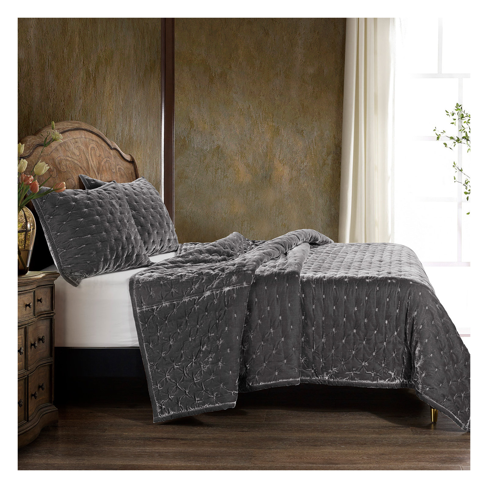 Stella Faux Silk Velvet Classic Chic Modern Rustic Romantic Western Quilt Set, King Quilt + 2 King Shams, Slate