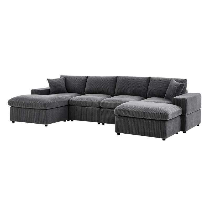 Canapé d'angle modulaire 4 places en velours côtelé, 2 poufs amovibles pour une configuration en U ou en L, gris foncé, structure, coussins décoratifs, montage facile en bois