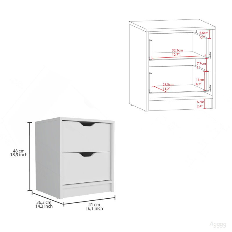 Basilea 2 Drawers Nightstand , End Table, Side Table Pull Out System -White