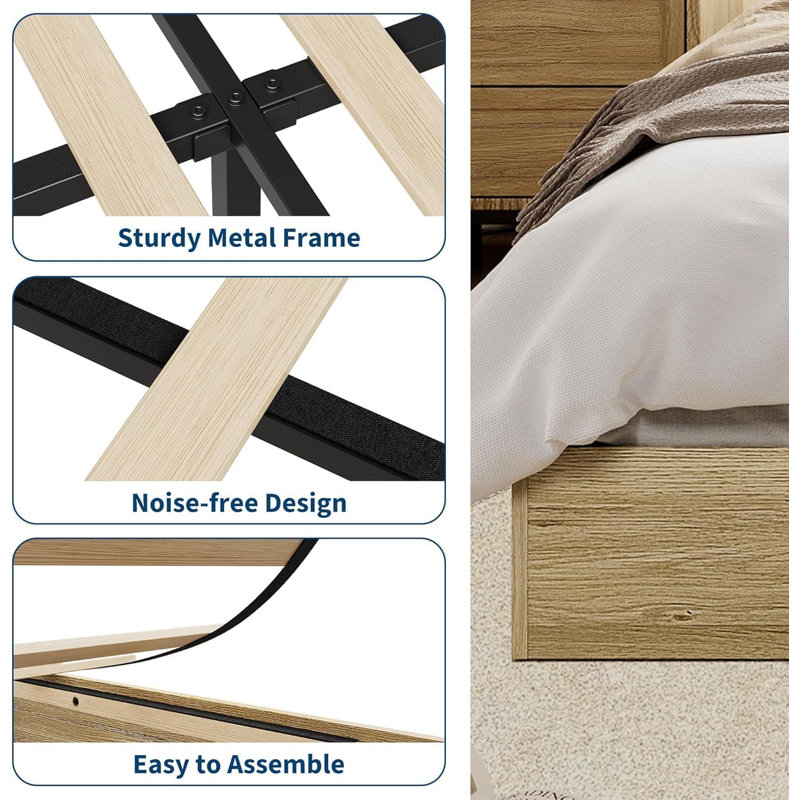 Floor Standing Bed Frame with Wooden Slat, Support, No Box Spring Needed, Noise Free & Easy Assemble, Modern Minimalist Bedroom Furniture for Apartments